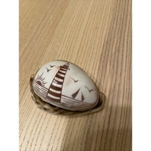 Etched Lighthouse Souvenir Cowrie Seashell Ocean Sunset Beach Trees Birds